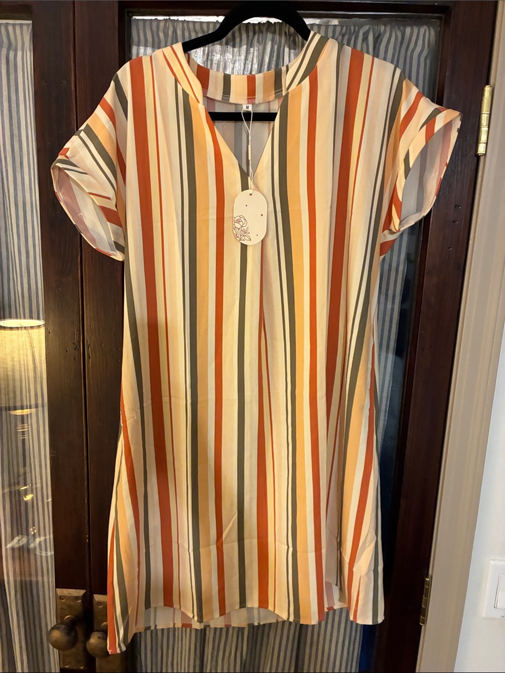Casual Cream and Rust Striped V-Neck Shift Dress